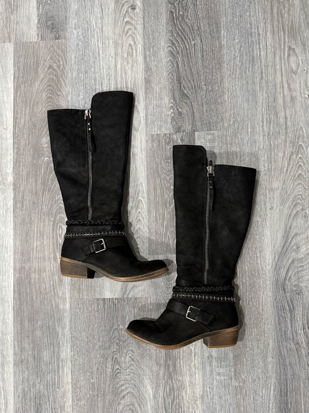 SO Faux Suede Knee High Black Riding Boots with Zipper, Buckle and Chain Detail